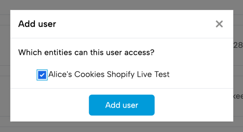 Bookkeep Add user window showing entity selection for an Inventory Only user