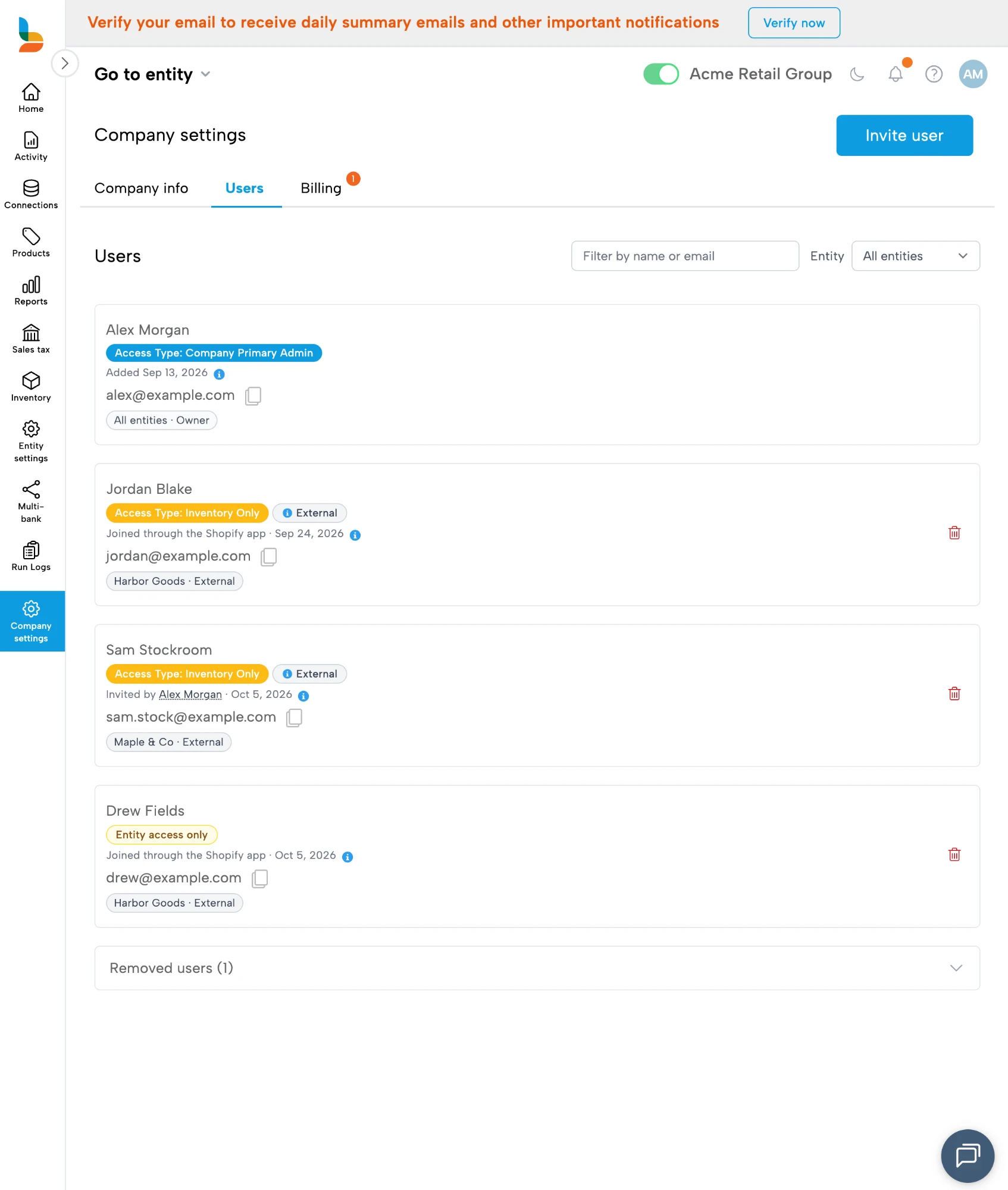 Bookkeep Users tab listing users with Access Type pills, entity chips, External badges, an Entity access only user, and a collapsed Removed users section