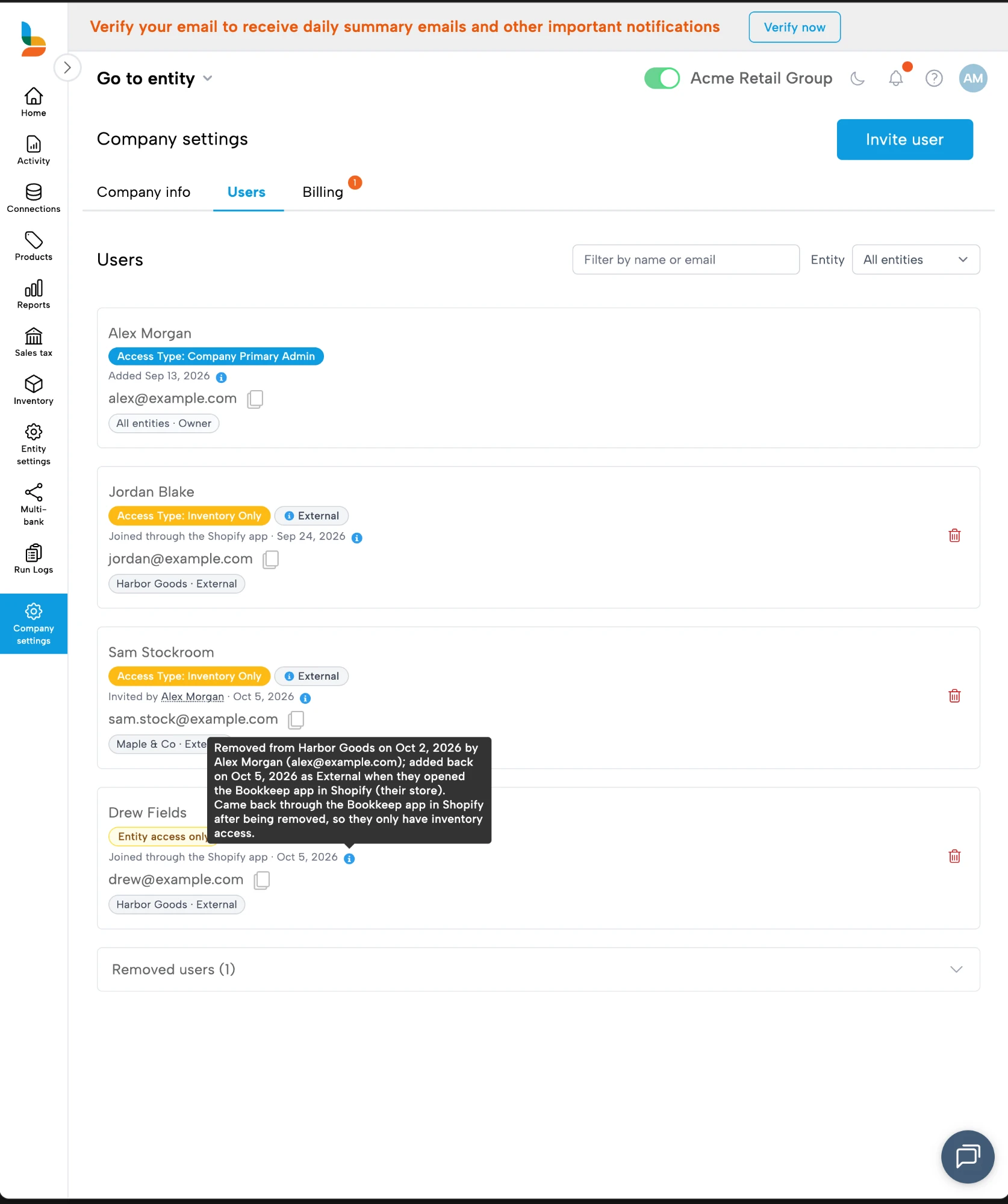 Bookkeep Users tab with the info icon hovered, explaining that a user was removed and came back through the Bookkeep app in Shopify with inventory-only access