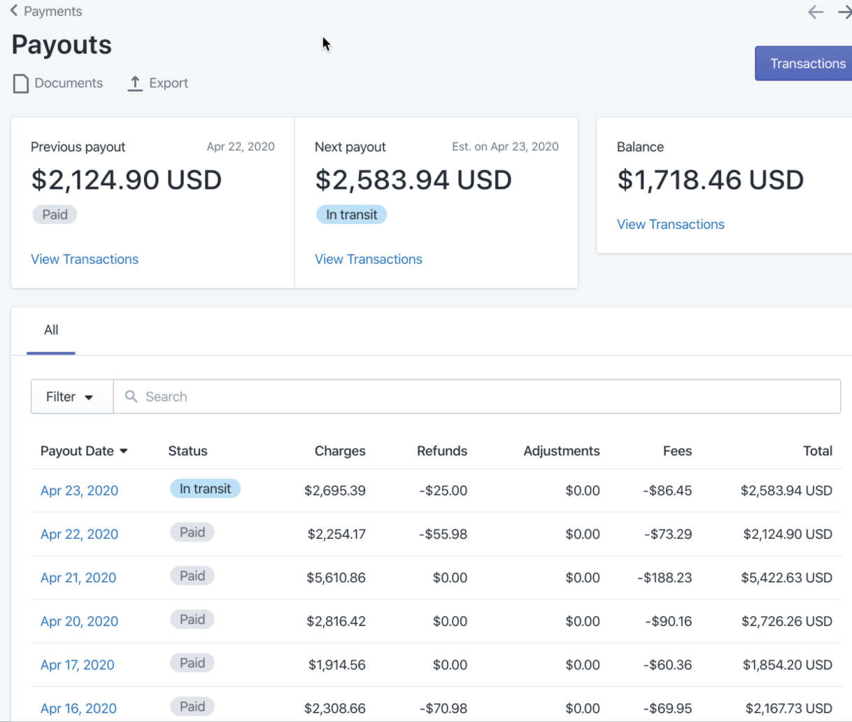 Shopify payout view example