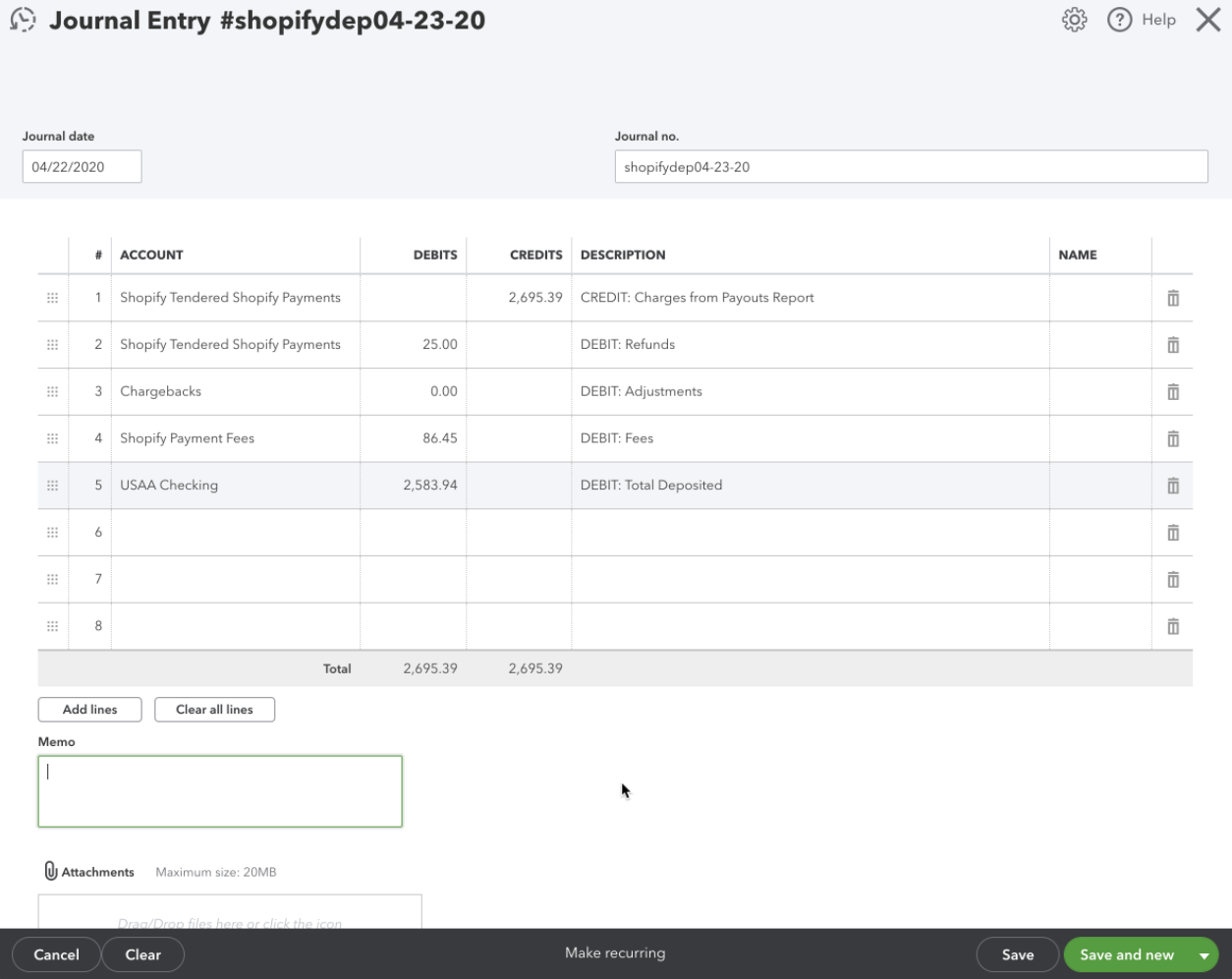 Example QuickBooks deposit template