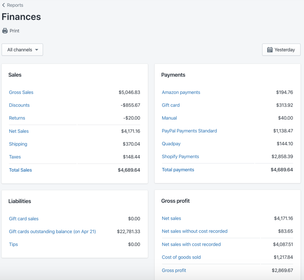 Shopify finance report example