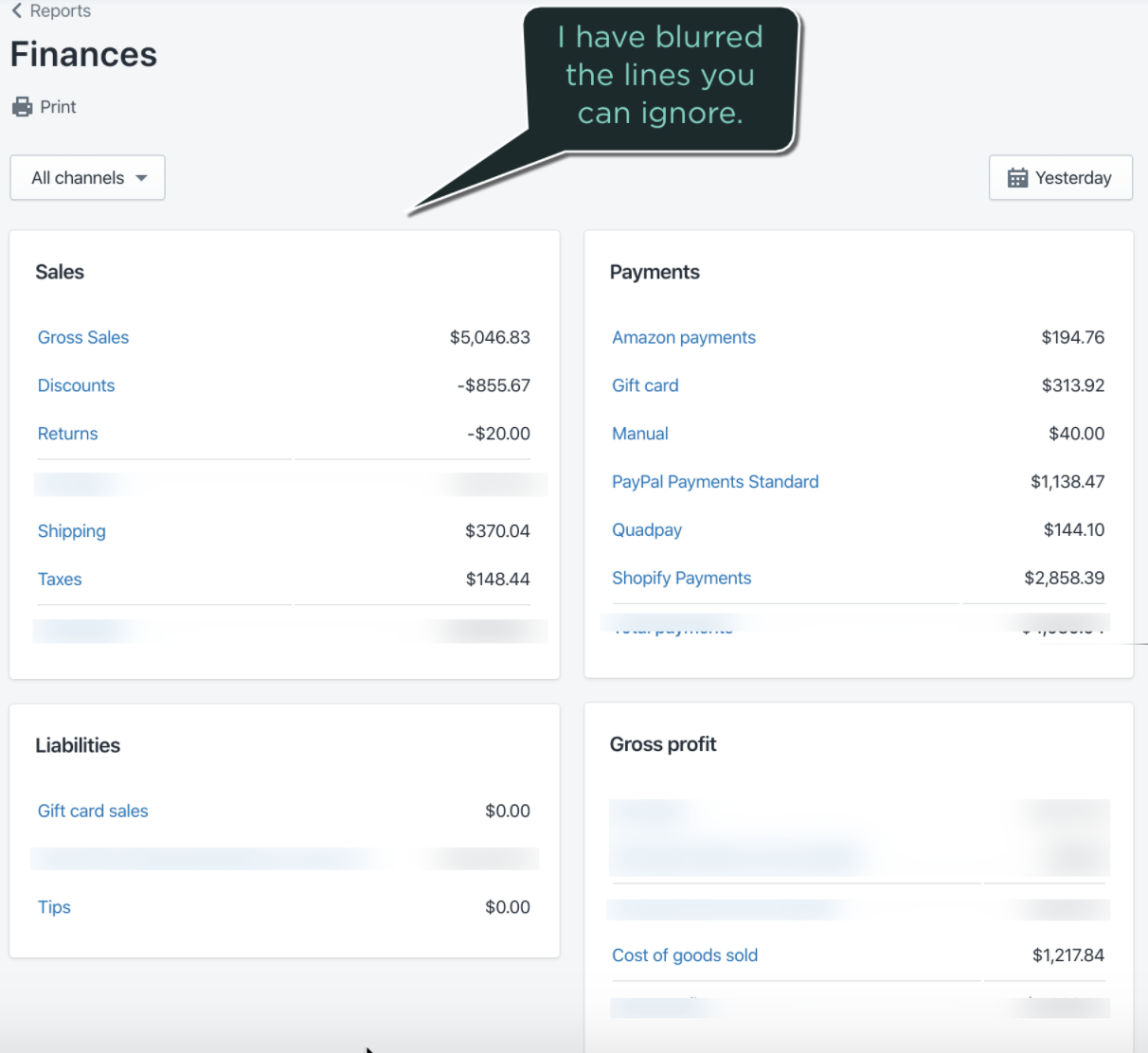 Select relevant lines from Shopify finance report