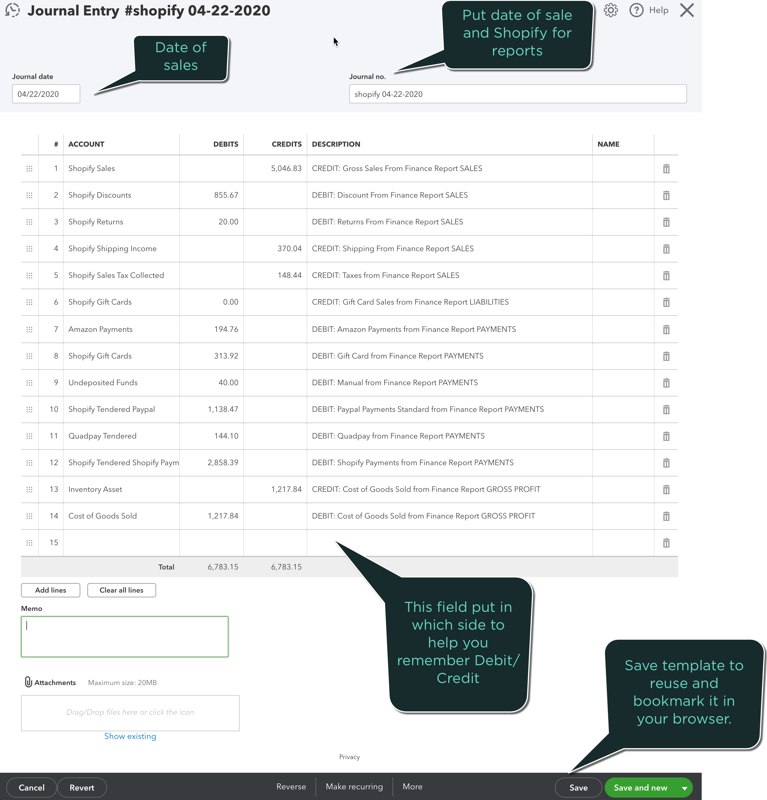 Example Shopify sales template in QuickBooks