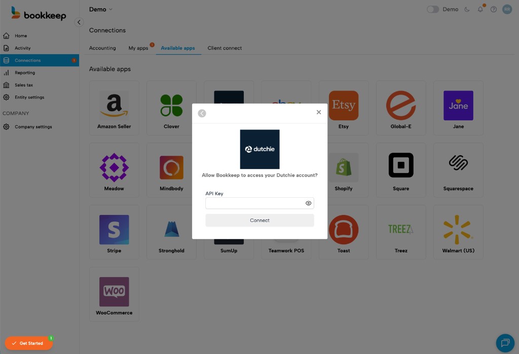 Dutchie API key entry dialog
