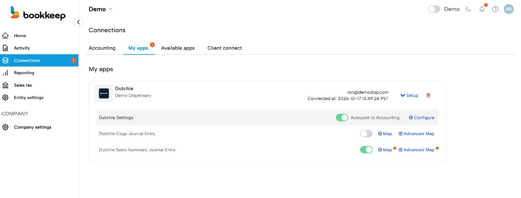 Dutchie connection confirmation in Bookkeep