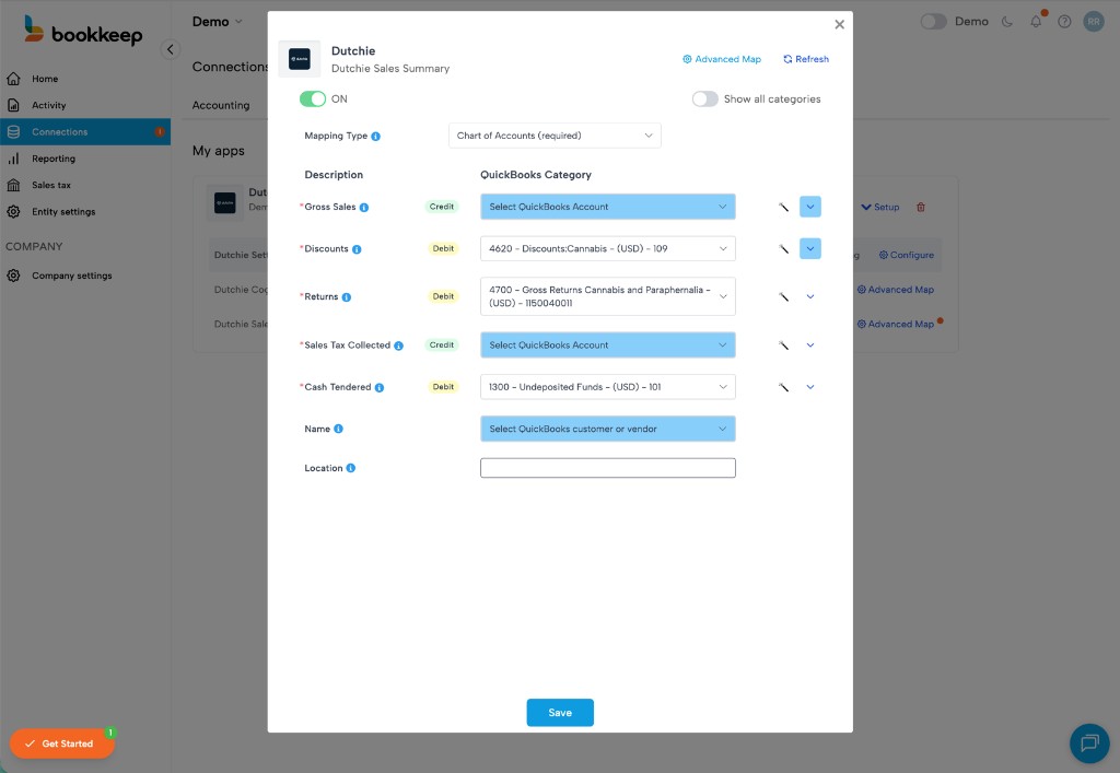 Dutchie Sales Summary mapping screen