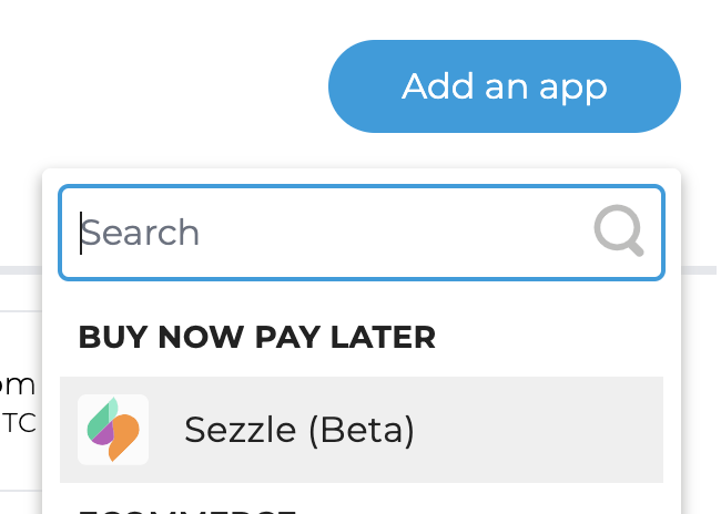 Search for Sezzle in the app connection field