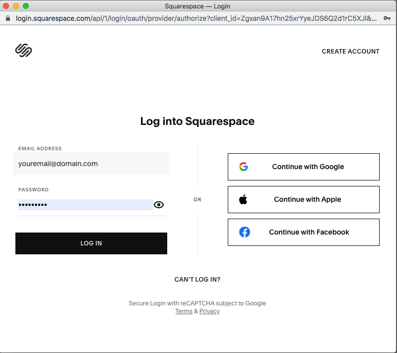 Screenshot showing the Squarespace login window in Bookkeep