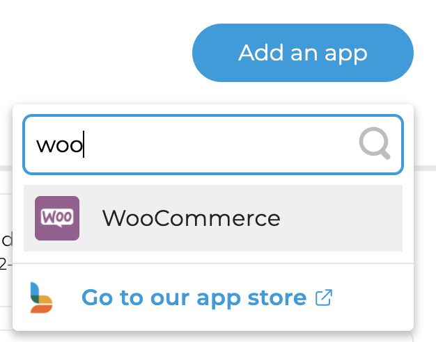 Screenshot showing the search for WooCommerce in the app integrations