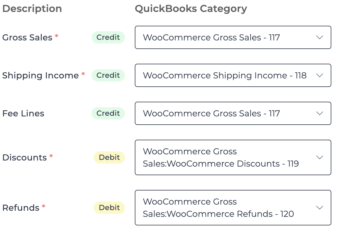 Screenshot showing the mapping process for WooCommerce accounts in Bookkeep