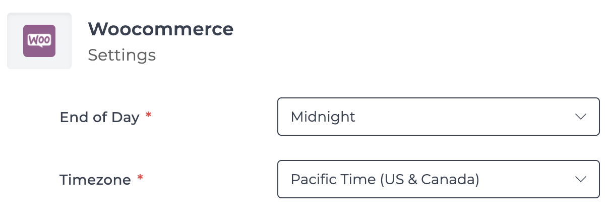 Screenshot showing how to configure end of day and time zone settings for WooCommerce in Bookkeep