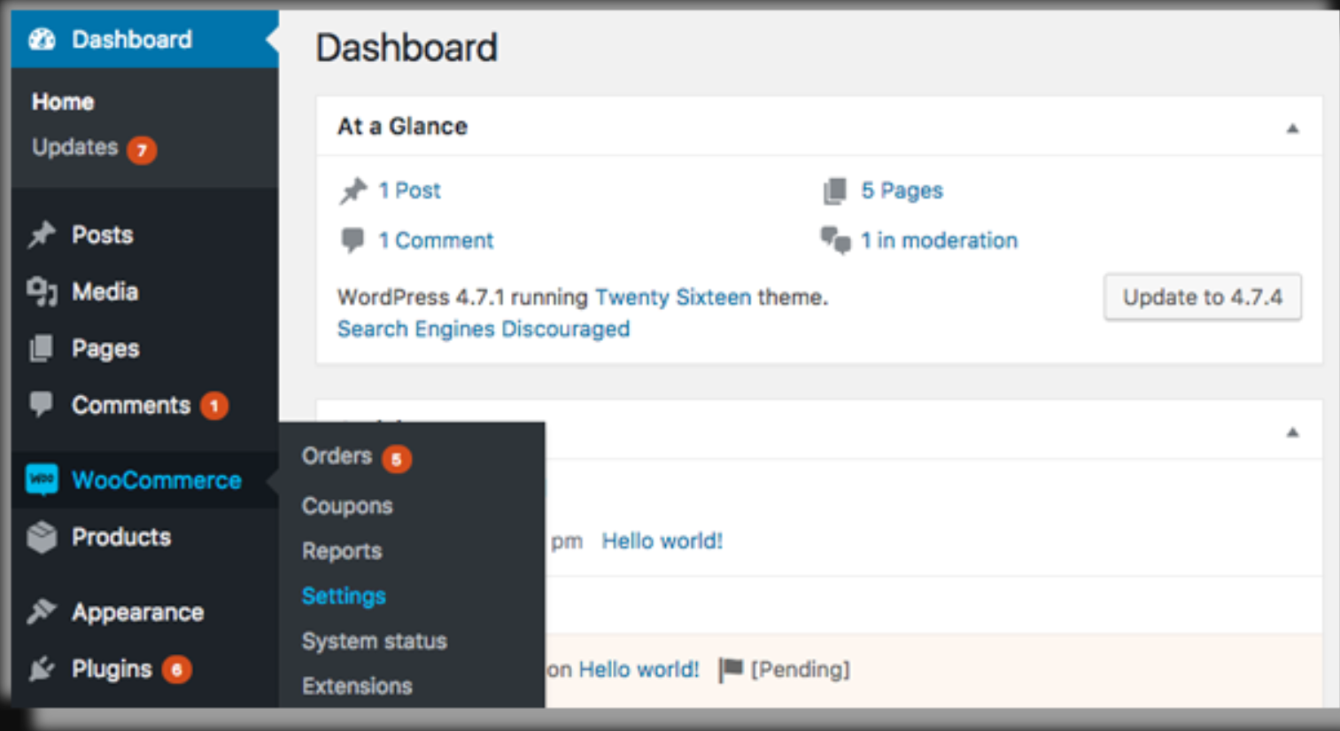 Screenshot showing WooCommerce settings location in the dashboard