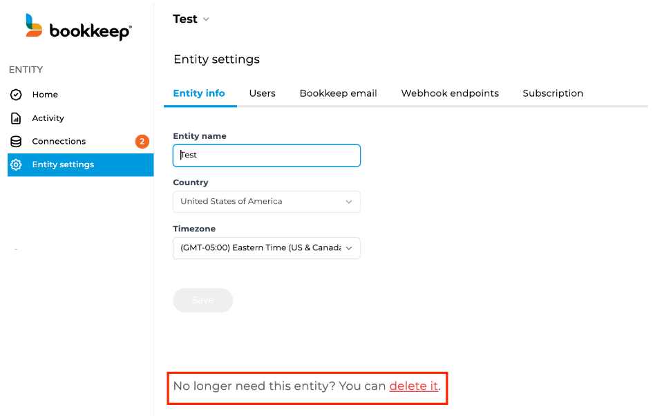 Screenshot showing the Entity Settings page where you can delete an entity in Bookkeep