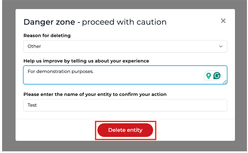 Example showing the delete entity page and required fields in Bookkeep