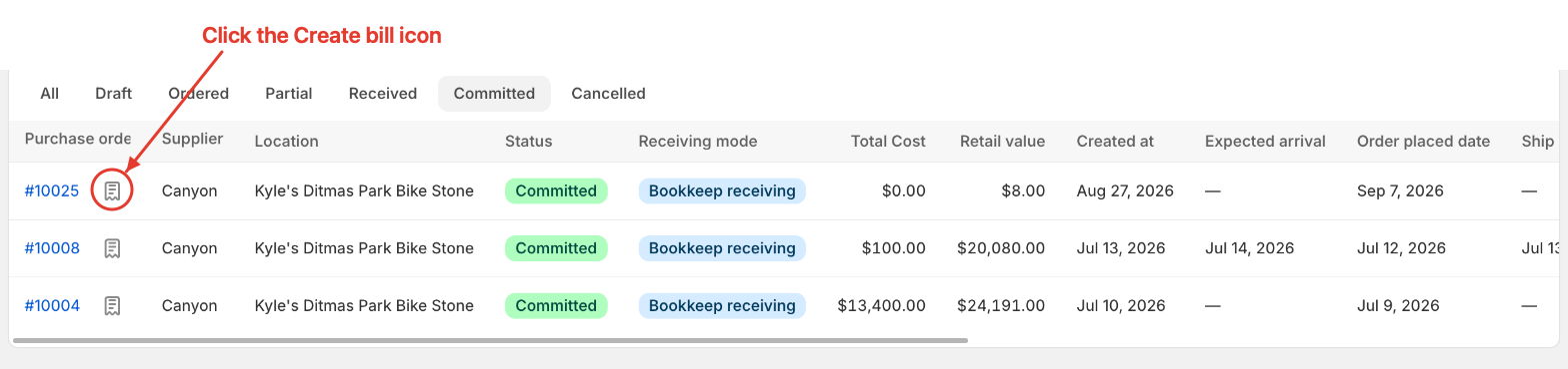 The Create bill icon beside a PO number in the purchase order list