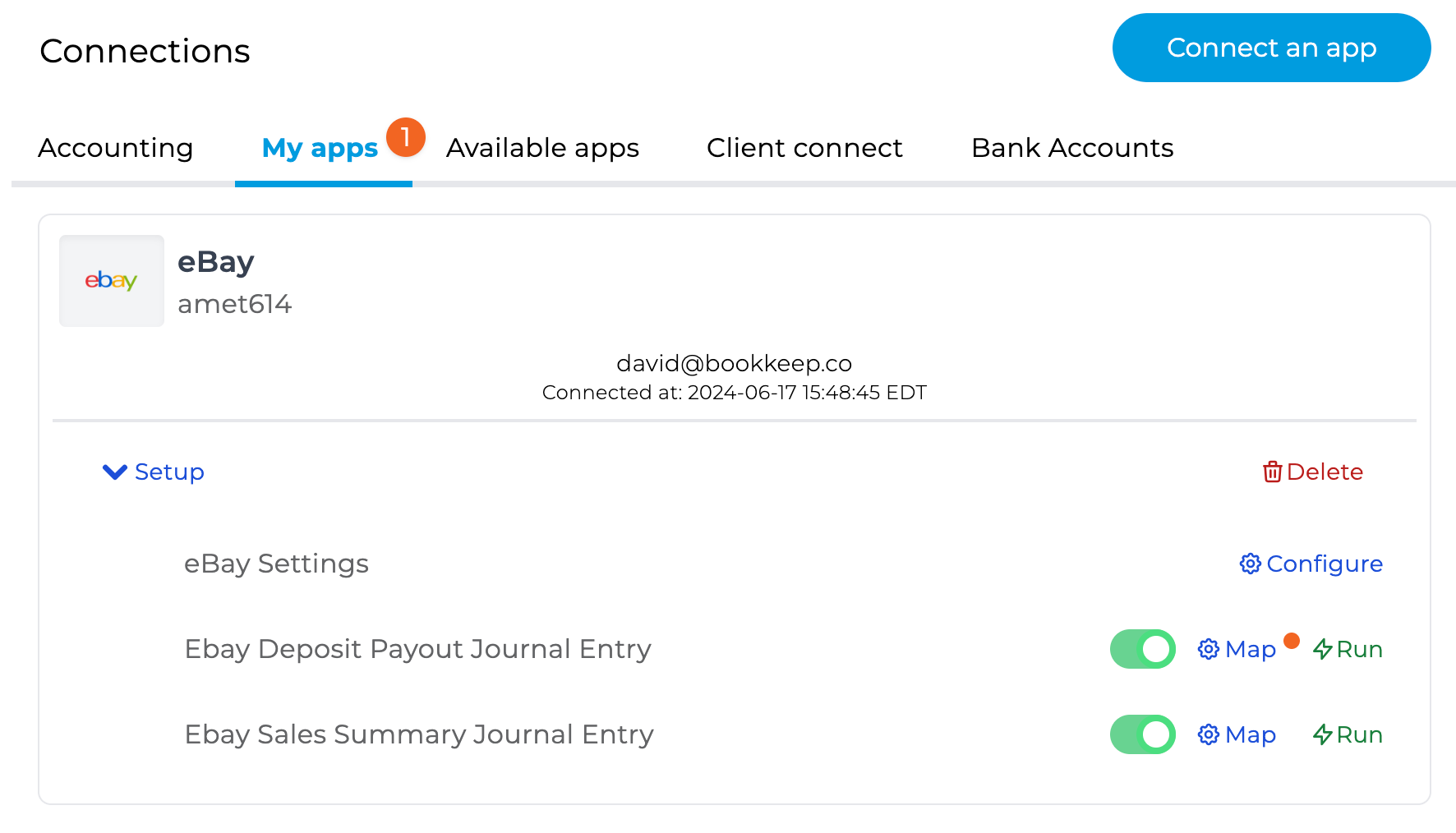 Screenshot showing the mapping option for journal entries