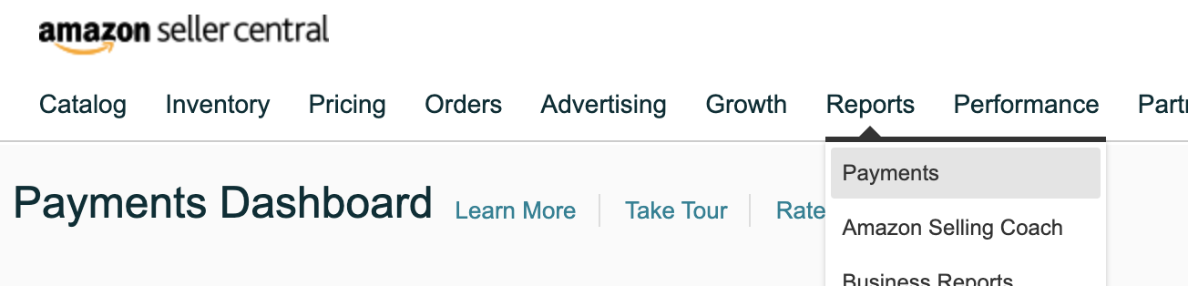 Screenshot showing the Reports option in the Amazon Seller dashboard