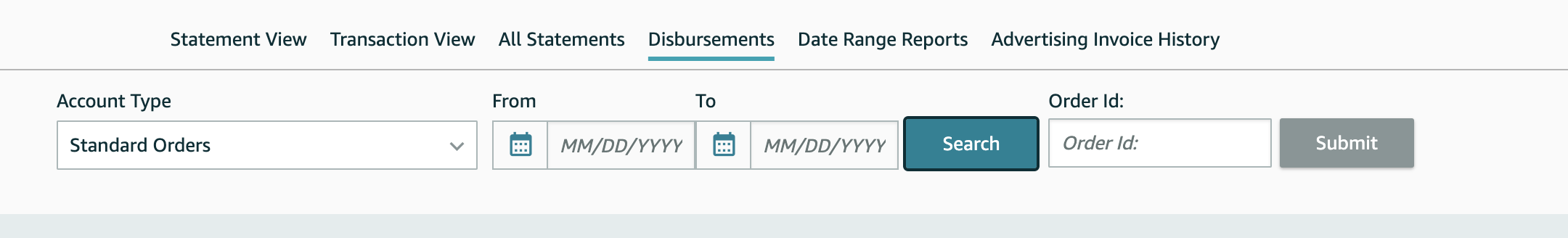 Screenshot showing the filter option for disbursements in Amazon Seller