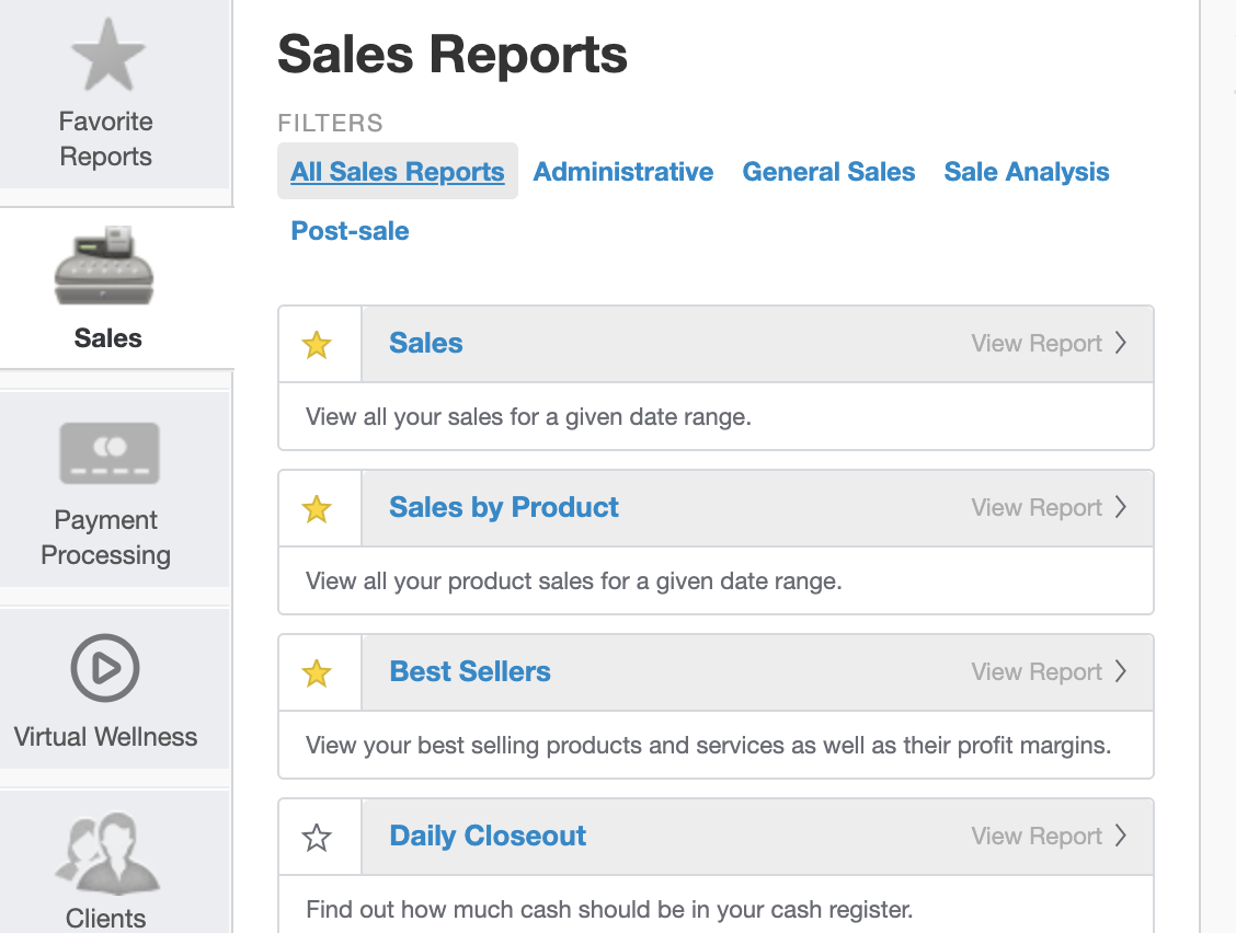 Sales reports section in Mindbody