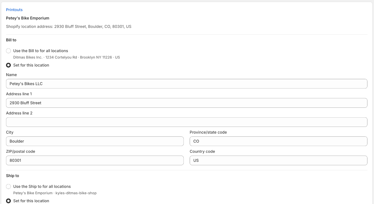The location page with Bill to and Ship to each offering Use for all locations or Set for this location