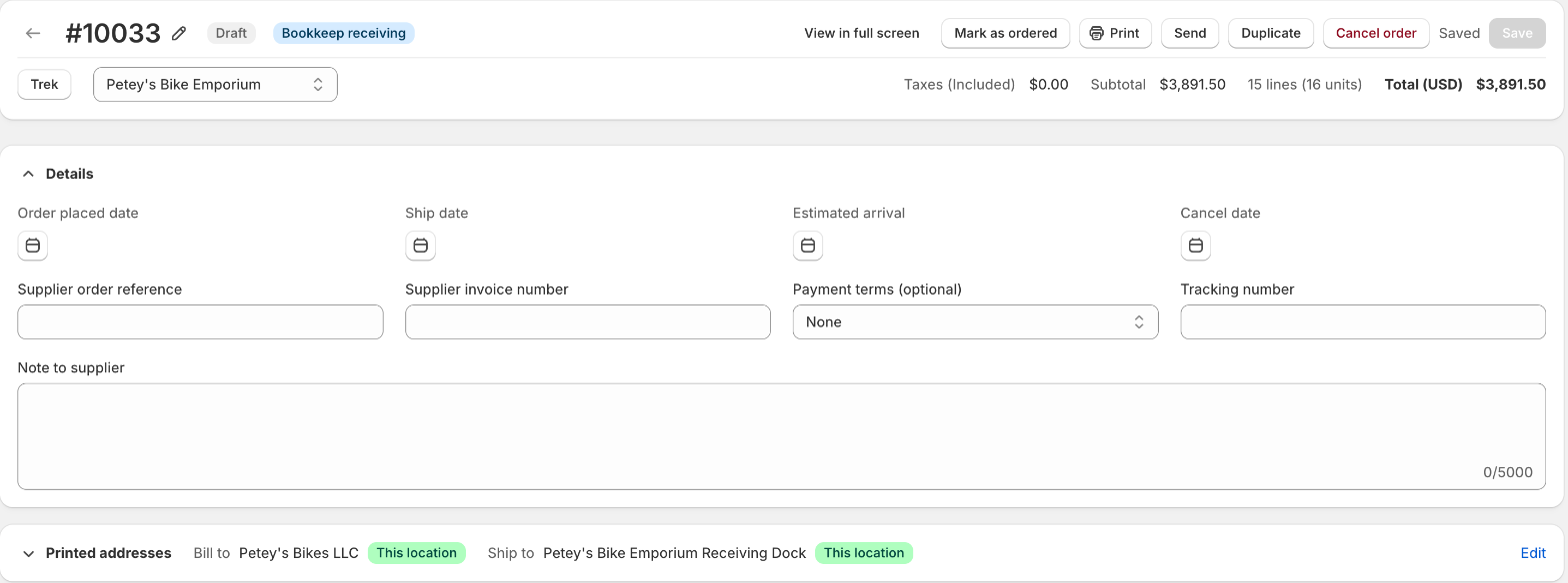 A purchase order with the Printed addresses card collapsed, showing the Bill to and Ship to names and This location badges