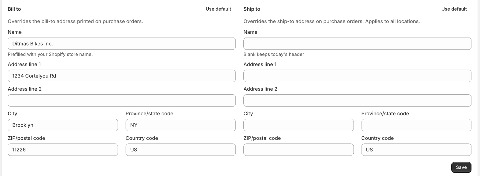 The Bill to and Ship to blocks on the Printouts settings page, each with a Name field and address fields