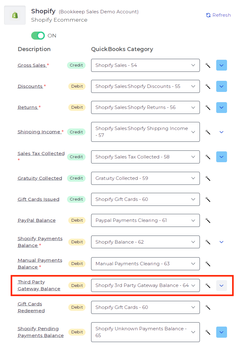 Screenshot of generic Shopify 3rd Party Gateway Balance account mapping