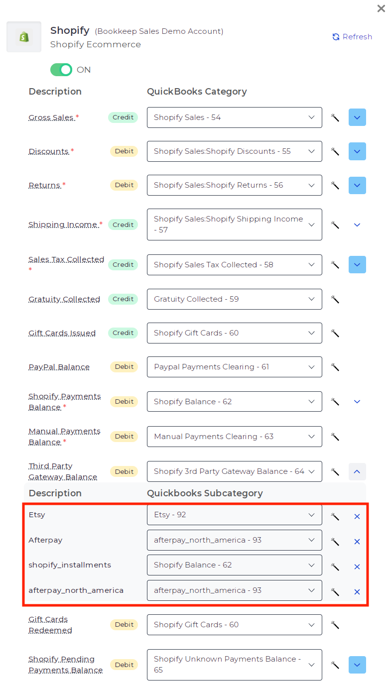 Screenshot of individual tender type mapping