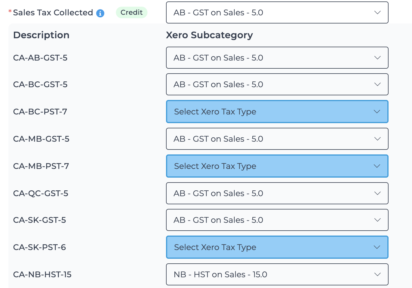 Tax rate subcategories