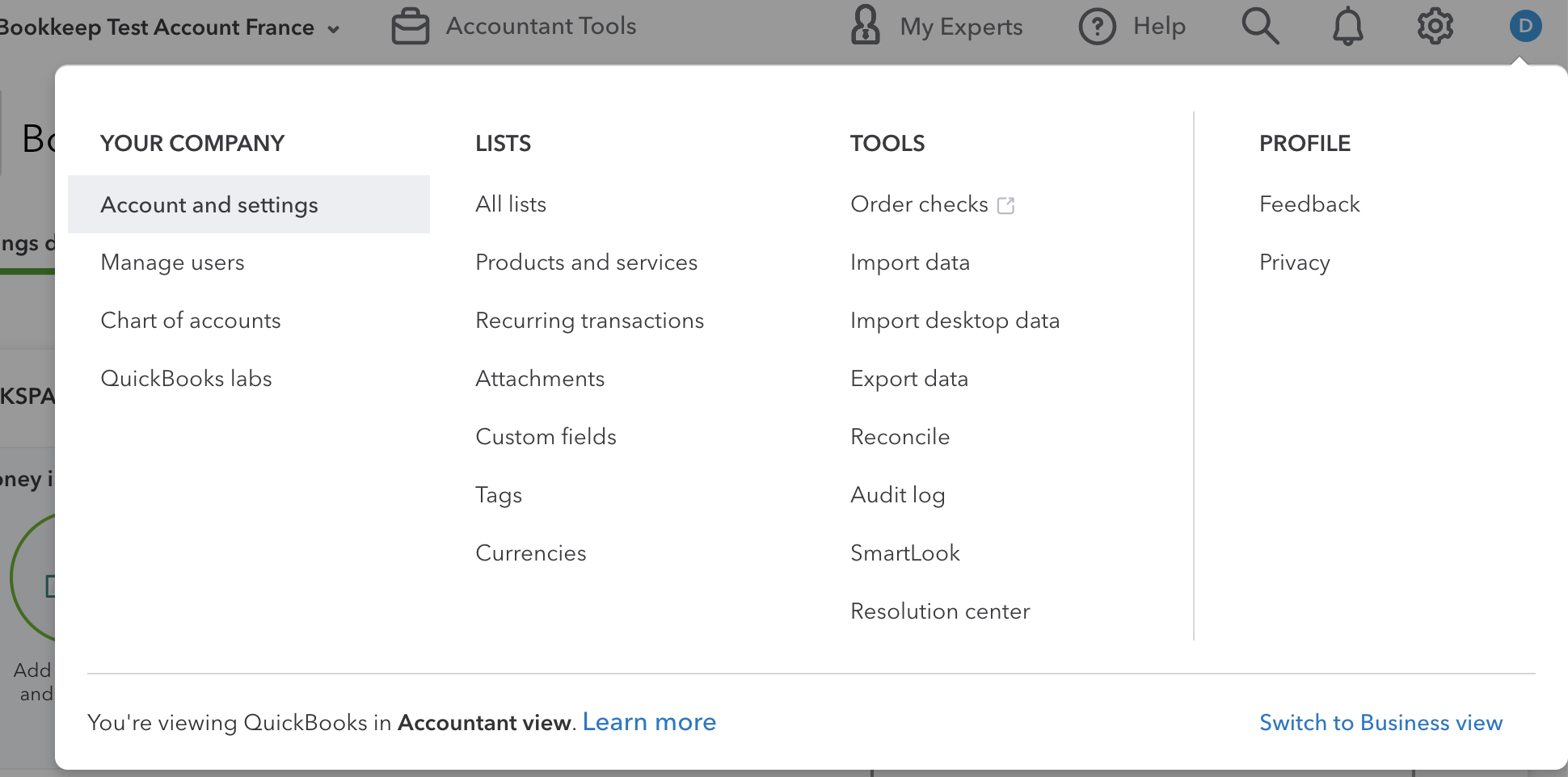 Screenshot showing the navigation to Account and Settings in QuickBooks