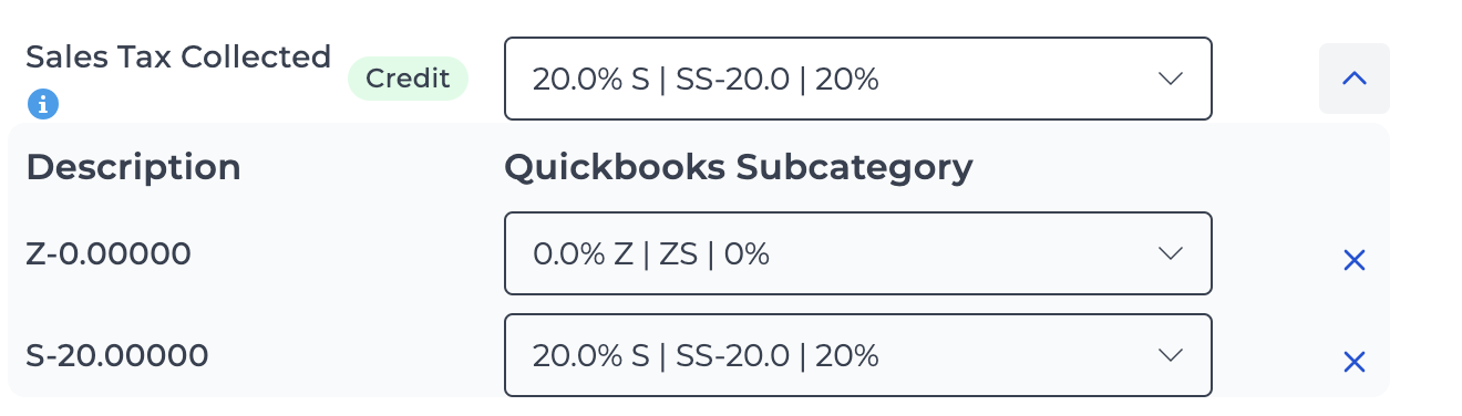 Screenshot showing VAT tax reporting categories and subcategories