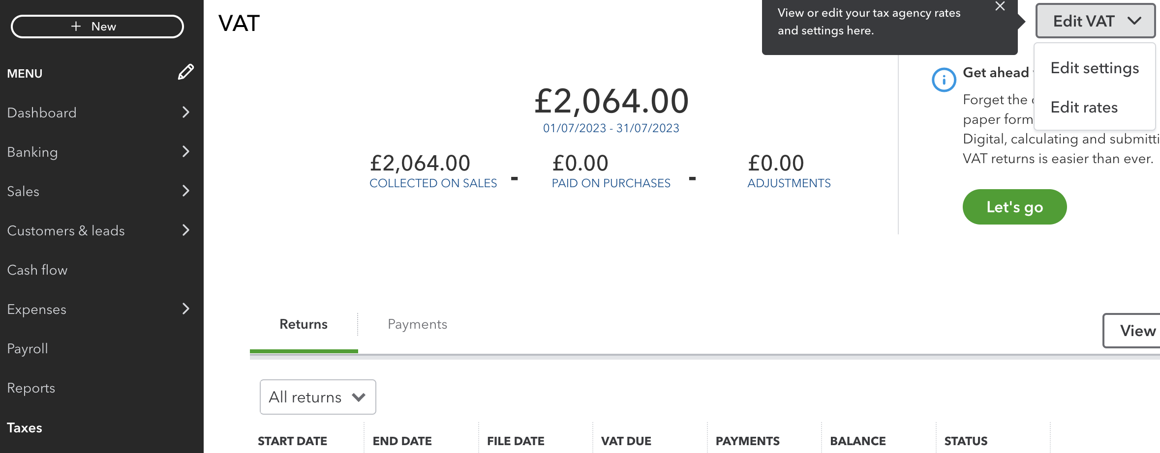 Screenshot showing the Edit Rates option in QuickBooks