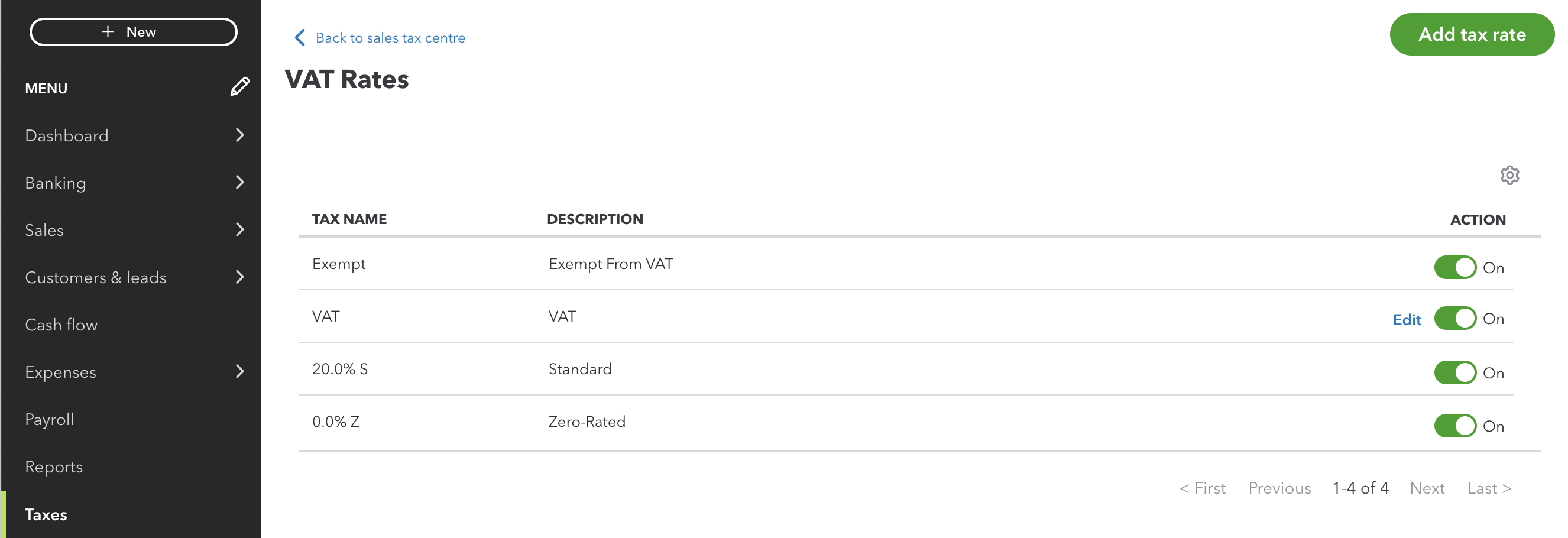 Screenshot showing the tax rates in QuickBooks