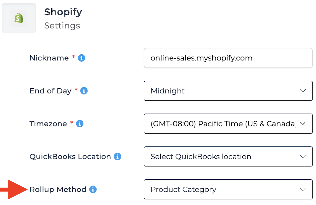 Shopify settings in Bookkeep