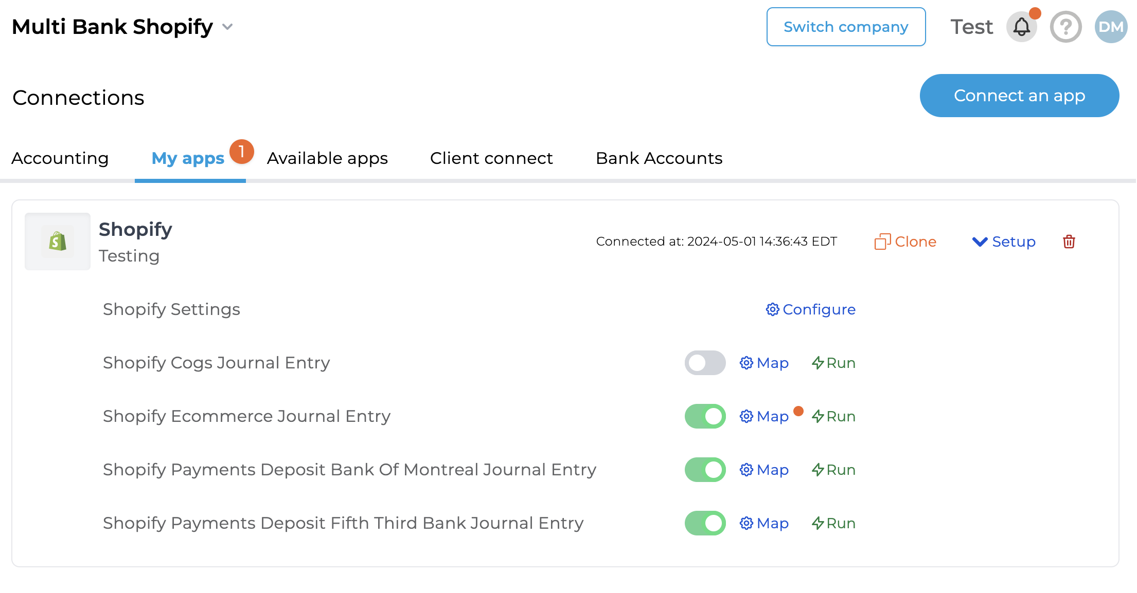 Example of chart of accounts mapping for multiple bank accounts