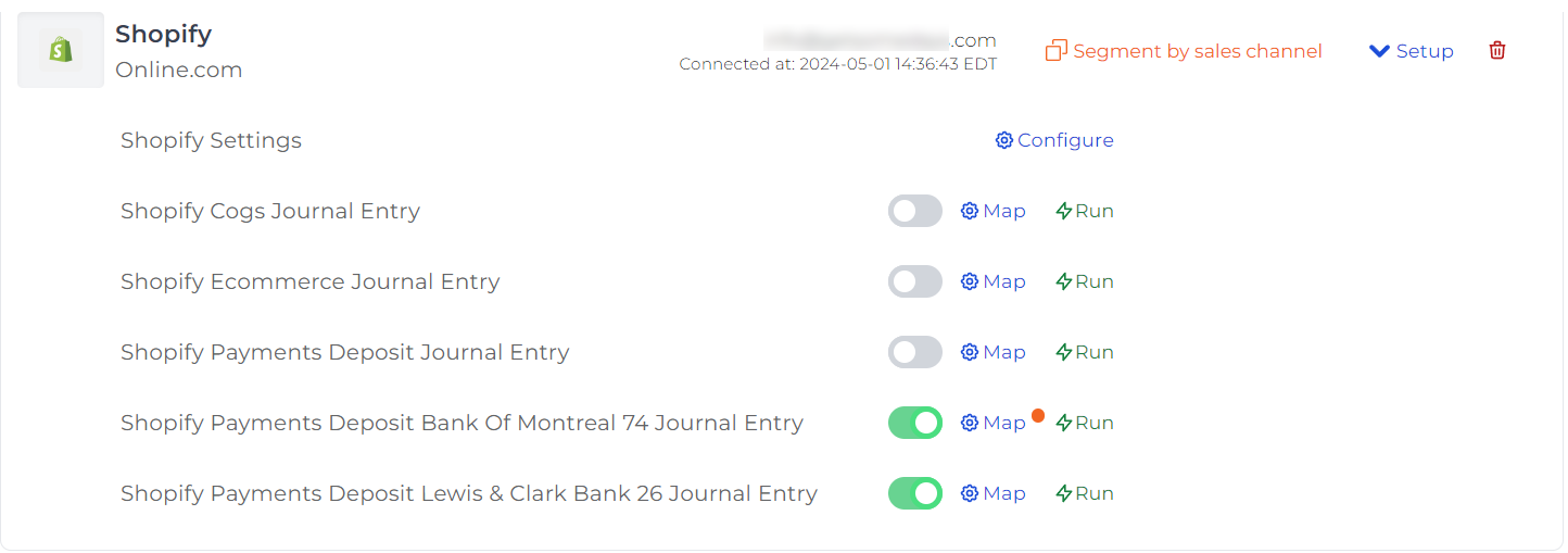 Screenshot of Shopify integration showing the “Segment by sales channel” option in orange on the right side