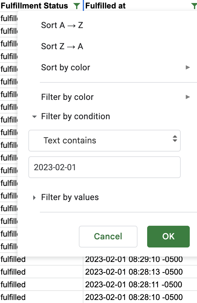 Example of filtering orders in Shopify export