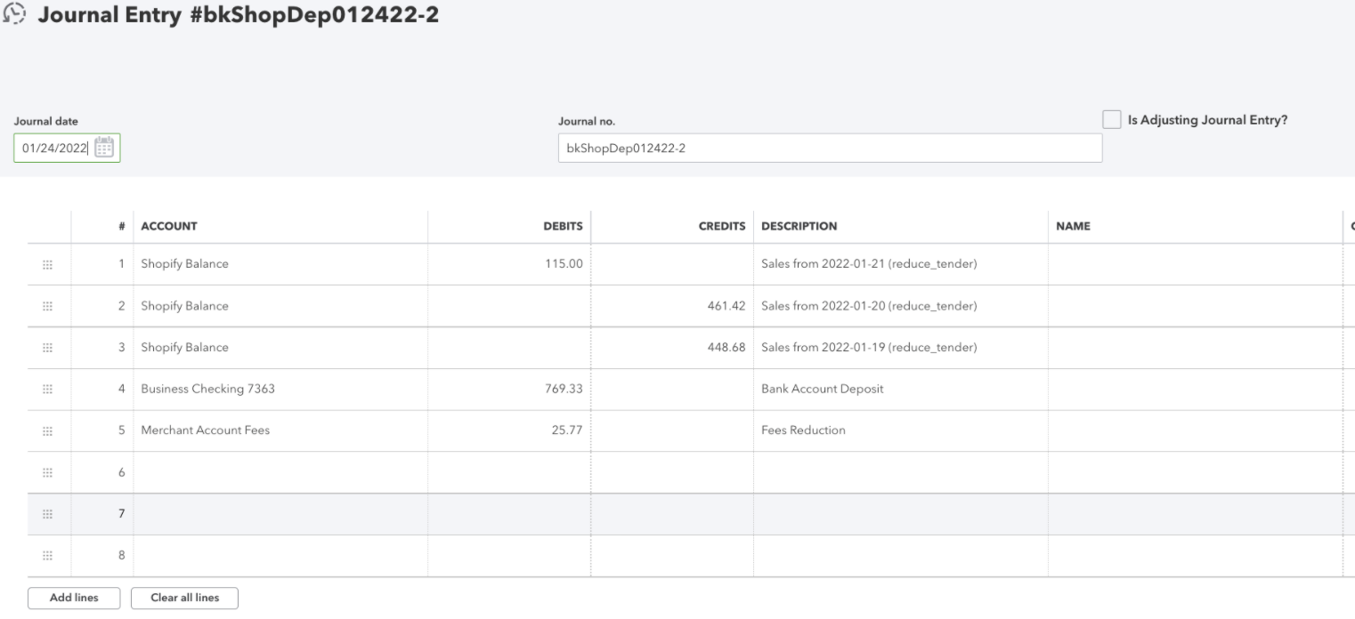 Example of Shopify deposits breakdown by sales day