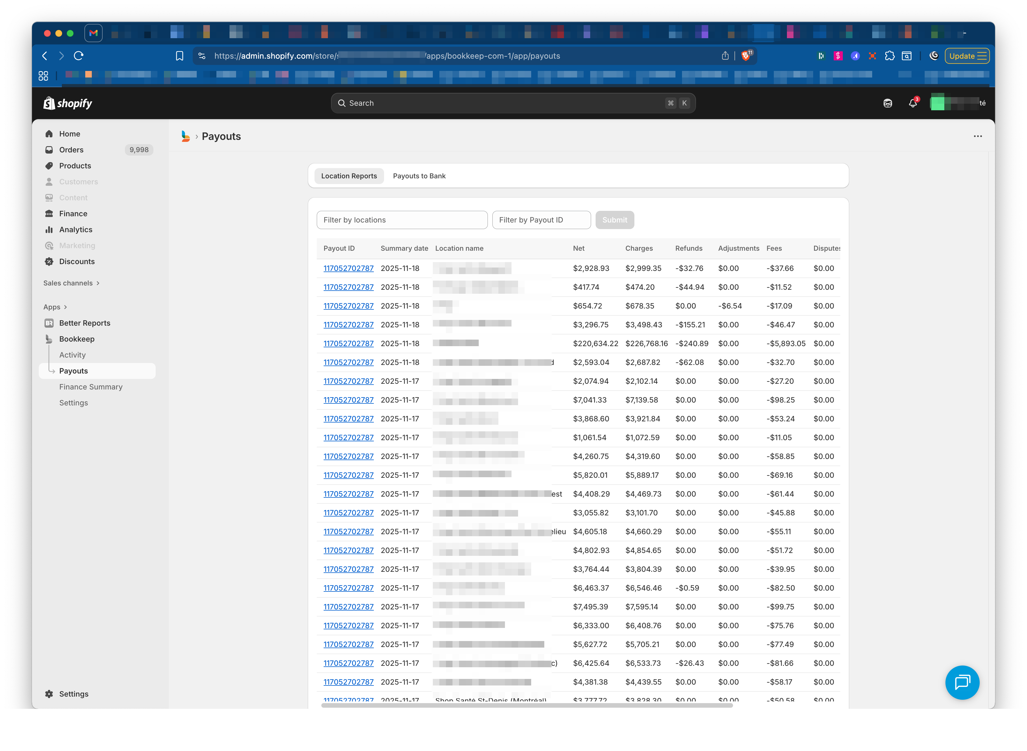 Location payout reporting