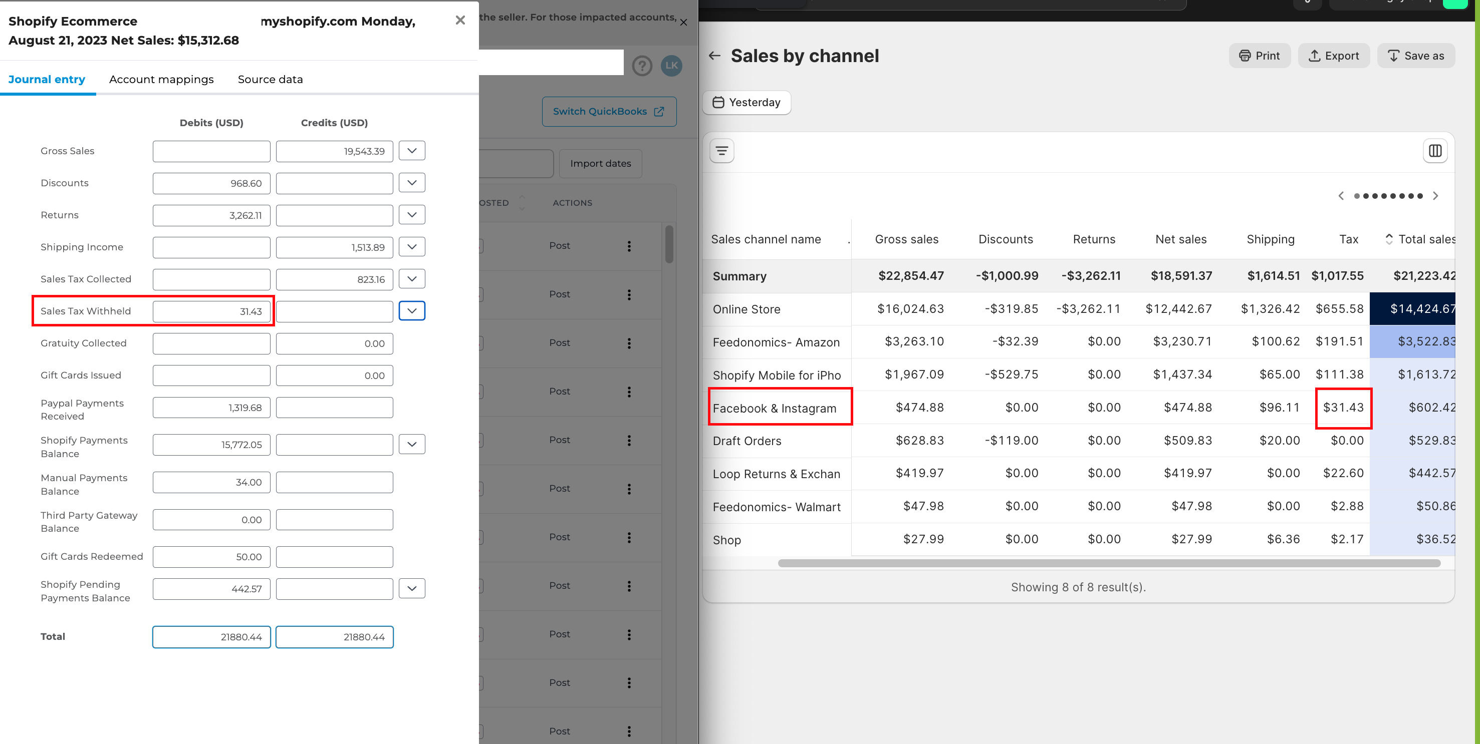 Example of sales tax withheld tying out to the sales by channel report in Shopify dashboard