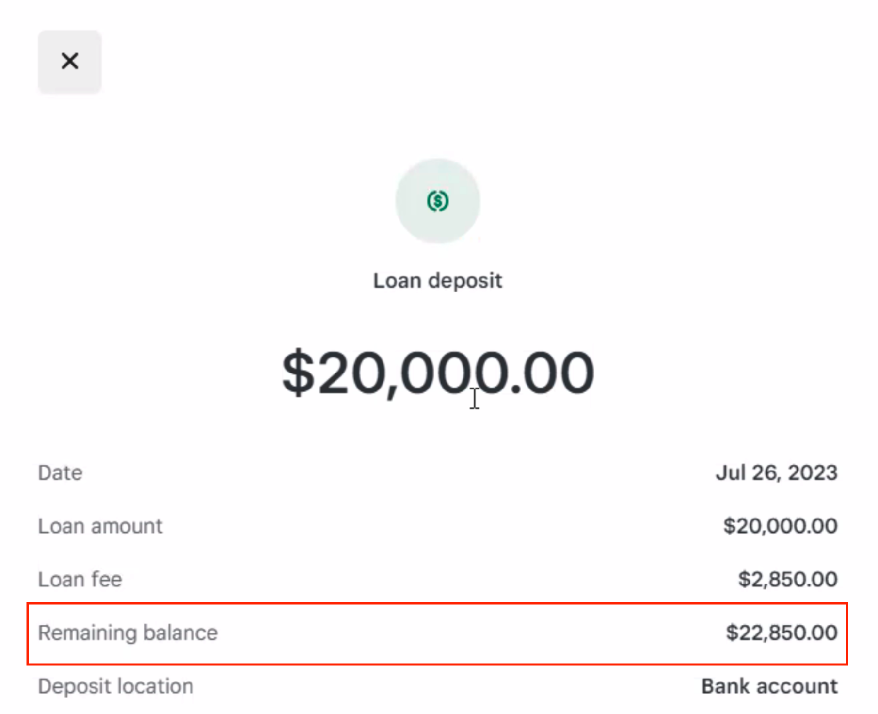 Diagram illustrating initial loan disbursement with financing fee