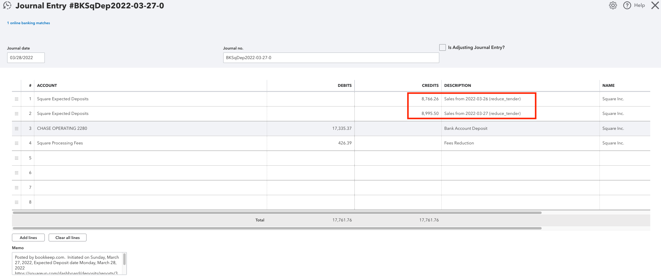 Example breakdown of Square deposit by sales day