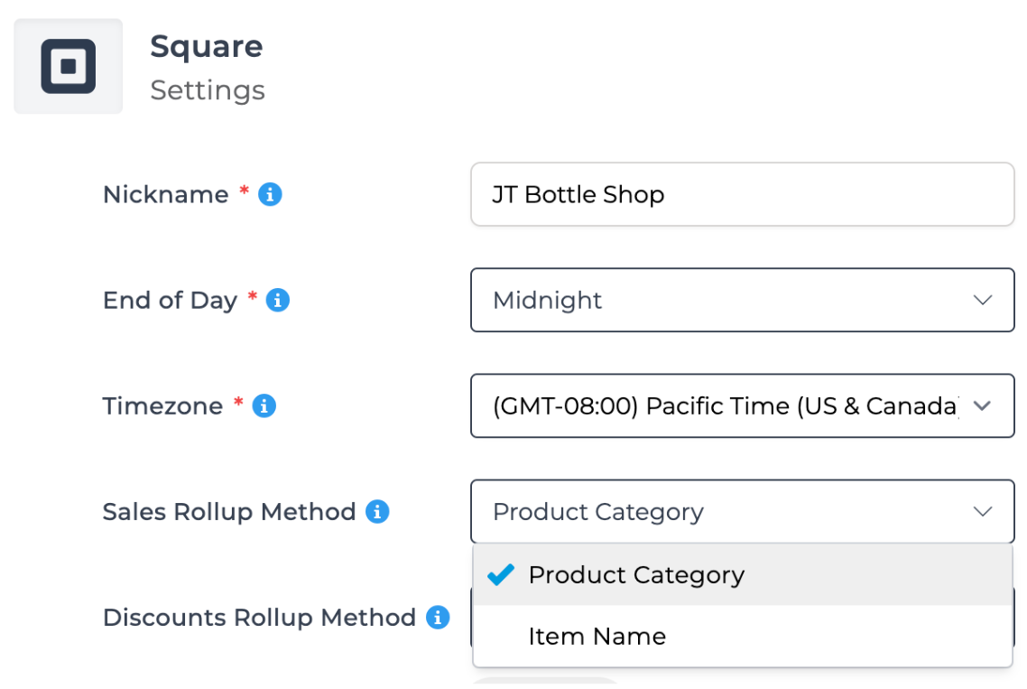 Options for changing the Sales Rollup Method between product category and item name