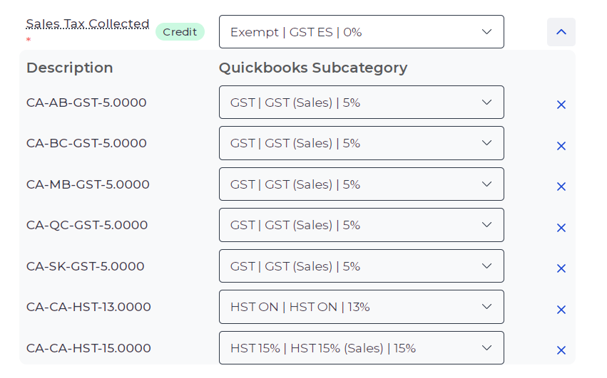 Example of Canadian sales tax mapping in Bookkeep