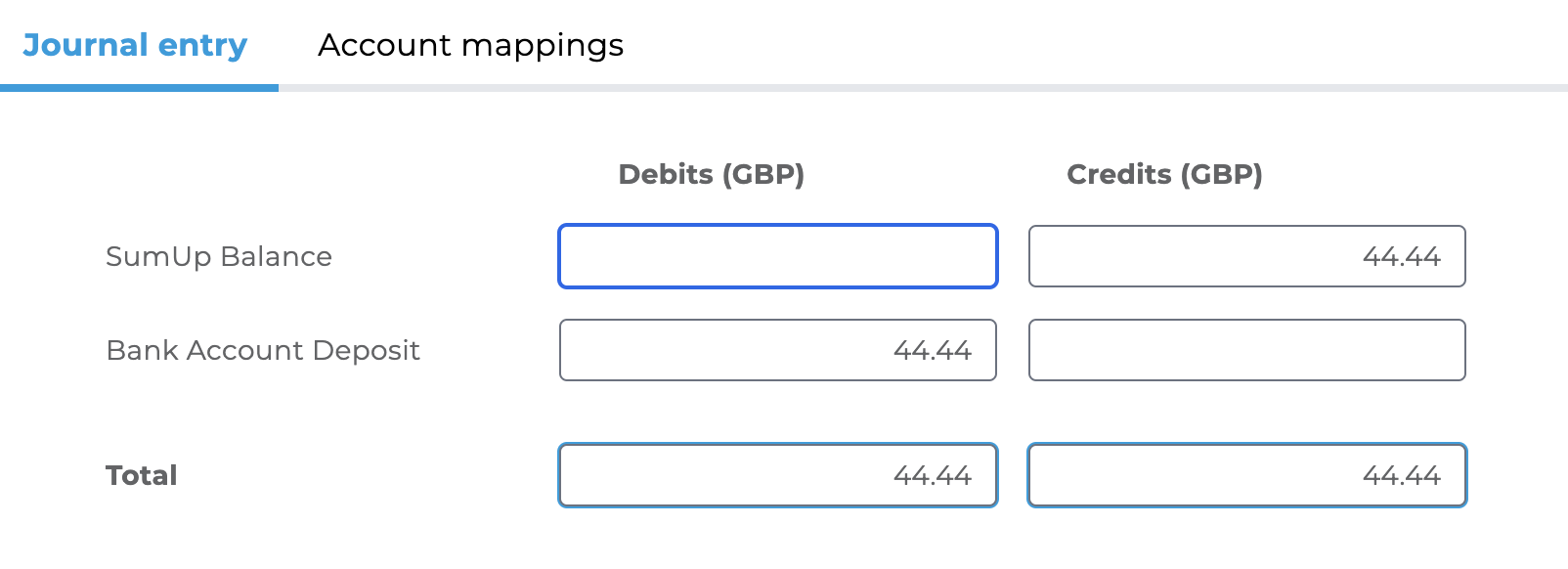 Example of a deposit entry showing a decrease in SumUp balance and an increase in bank account balance