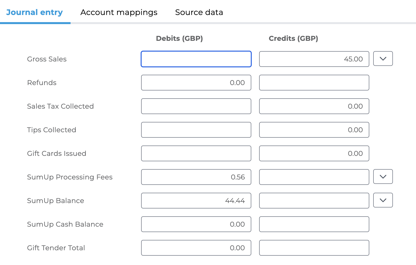 Example of a sales summary entry showing reconciliation of SumUp balance net of fees