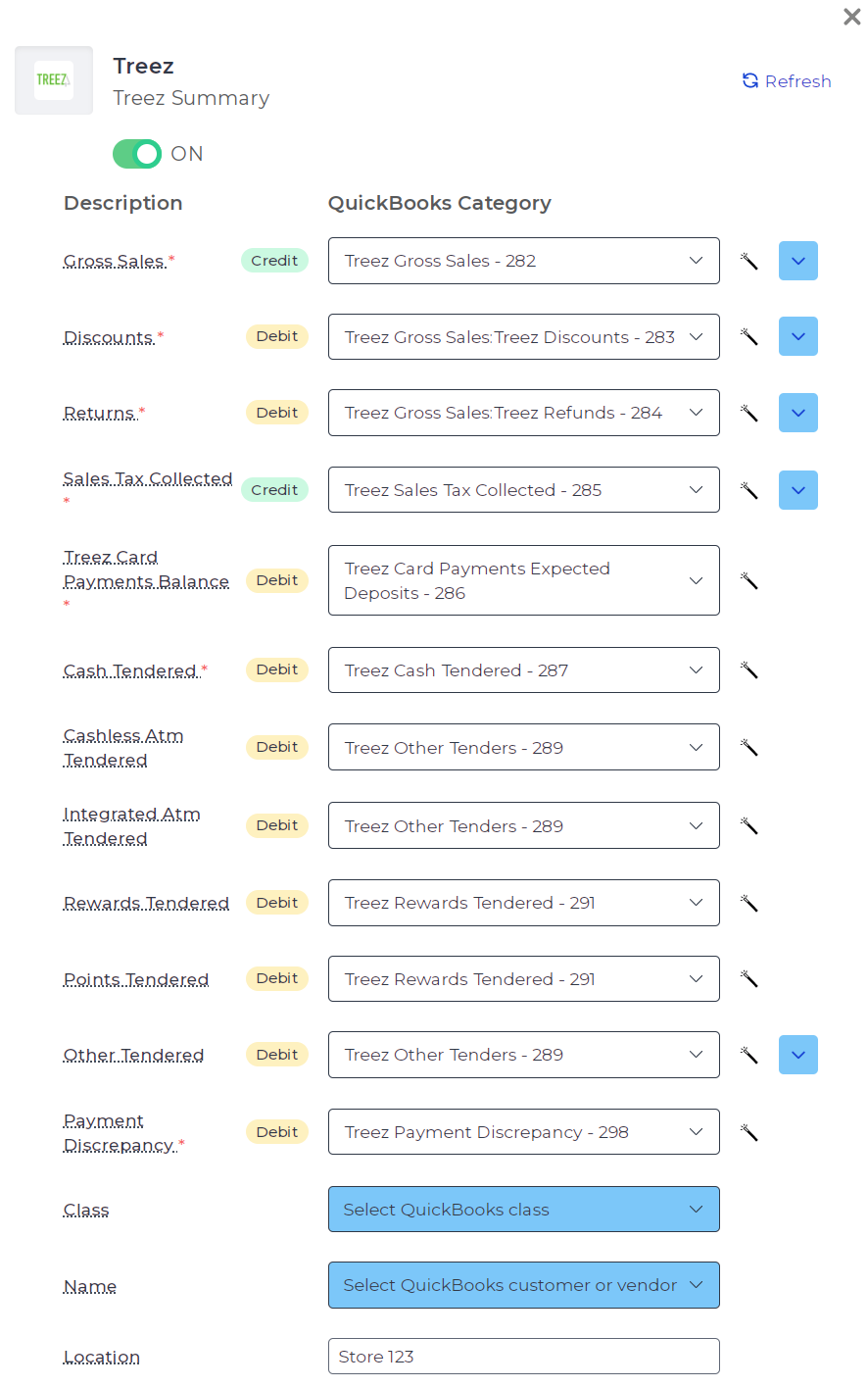 Example of Treez Sales Summary journal entry mapping in Bookkeep