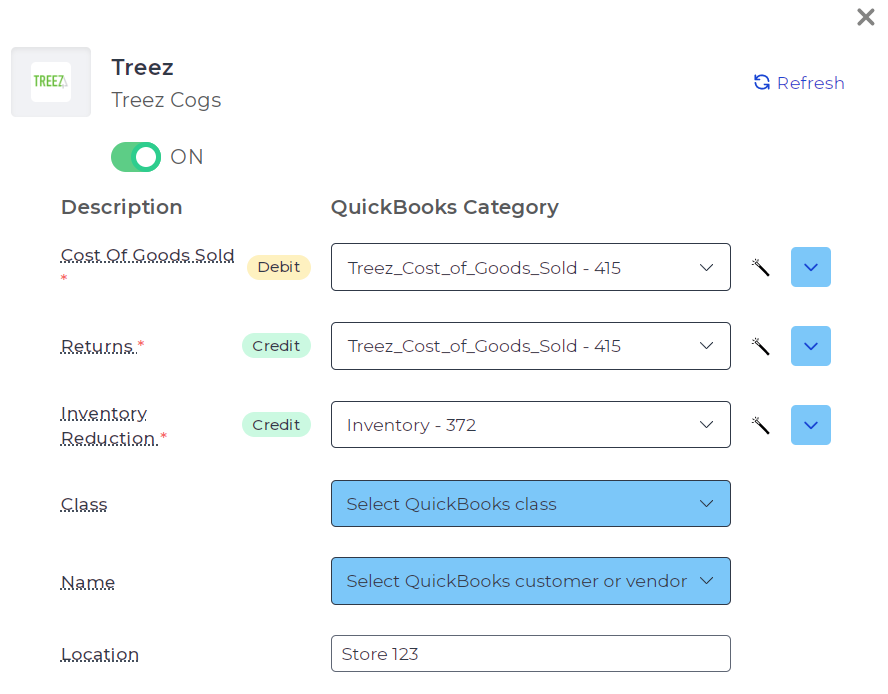 Example of Treez COGS journal entry mapping in Bookkeep