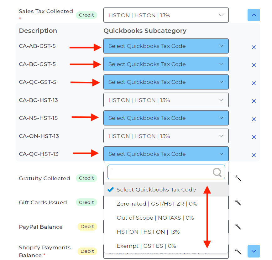 Screenshot showing the expanded view for mapping tax rates